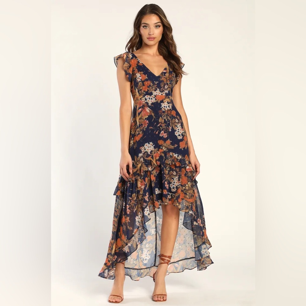 Lulus Stunning Favorite Navy Blue Floral Ruffled High-Low Maxi Dress